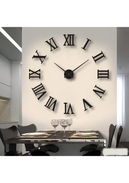 3D Siyah Büyük Boy Roma Rakamlı Yapışkanlı Duvar Saati
