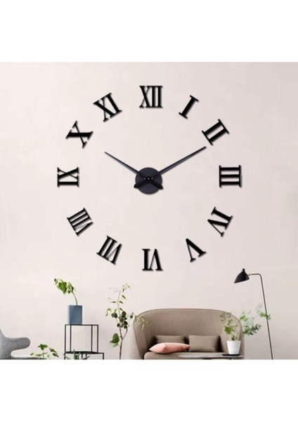 3D Siyah Büyük Boy Roma Rakamlı Yapışkanlı Duvar Saati modelleri