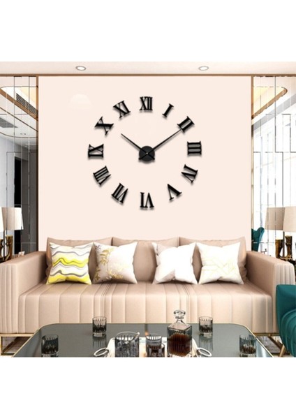 3D Siyah Büyük Boy Roma Rakamlı Yapışkanlı Duvar Saati