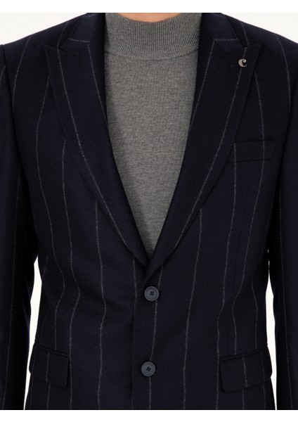 Erkek Koyu Lacivert Slim Fit Çizgili Yün Takım Elbise 50291061-VR100