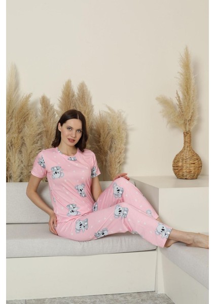 Kadın Desenli Bisiklet Yaka Düğmesiz Bambu Yazlık Kısa Kol Pijama Takımı-Dar Kesim