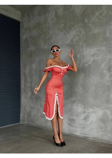 Güpür Detay Puantiye Desen Midi Elbise