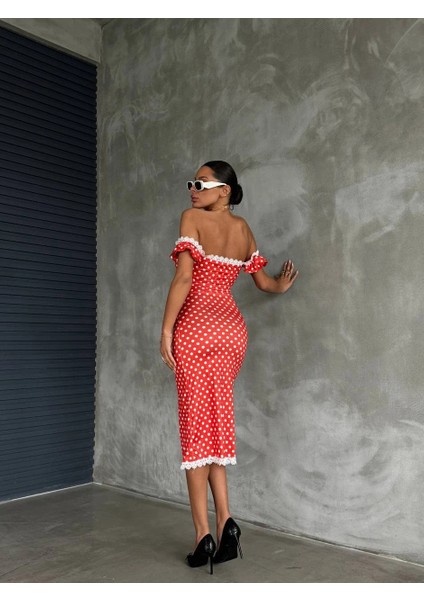 Güpür Detay Puantiye Desen Midi Elbise modelleri