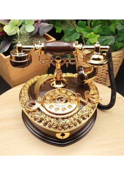 Elite Nostaljik Polyester Telefon Müzik ve Takı Mücevher Kutusu (Kahverengi-Beyaz) 1 Adet