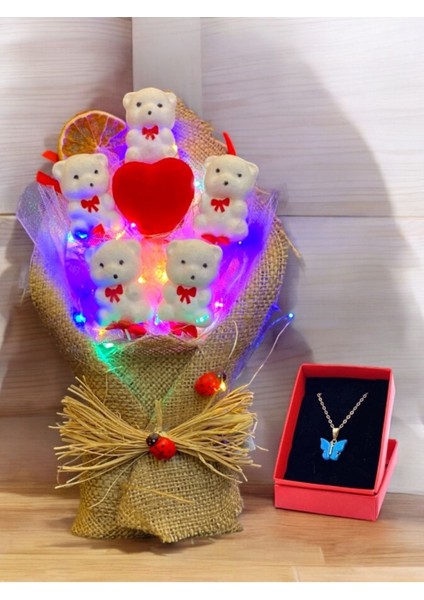 Renkli Işıklı Beyaz Tatlı Ayıcıklar Buket Aranjmanı & Kelebek Kolye 1 Adet