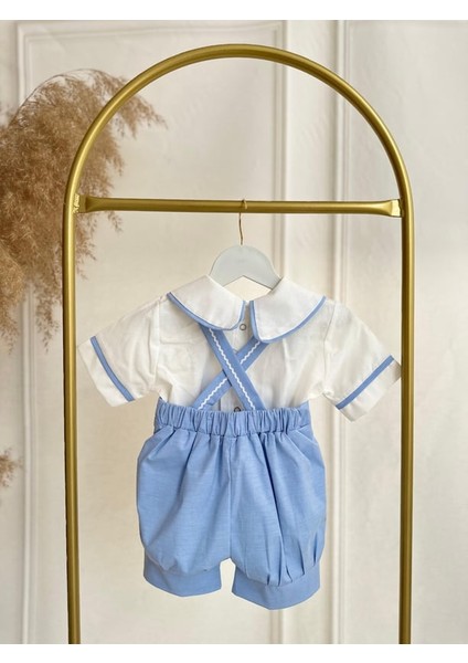 Erkek Bebek Çocuk Bebe Mavi Poplin Kumaş Şortlu Önlüklü Salopet Alt Üst Takım modelleri
