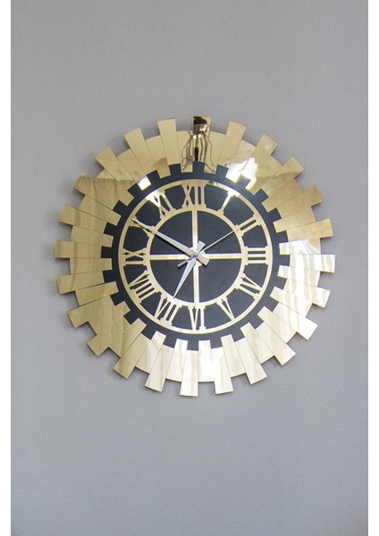 Zarif Duvar Saati 35X35CM Roma Rakamlı 2 Kat Siyah Mdf Üzeri Gold Aynalı Pleksi