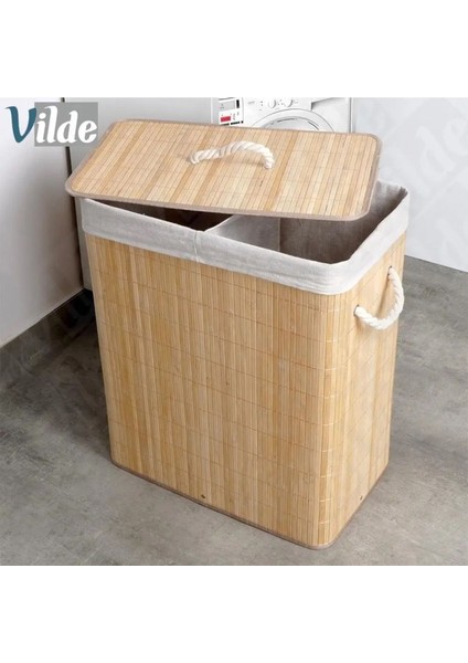 Elite 2 Bölmeli 72 L Bambu Çamaşır Sepeti Banyo Düzenleyici Organizer Banyo Çamaşır Sepeti 1 Adet