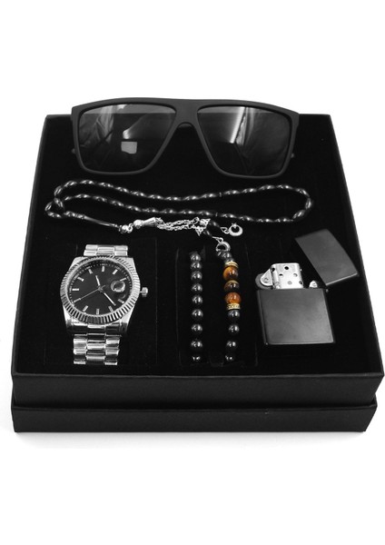 Babalar Gününe Özel Metal Saat & Ikili Bileklik & Zippo Model Çakmak & Güneş Gözlüğü & Tesbih Seti 1 Adet