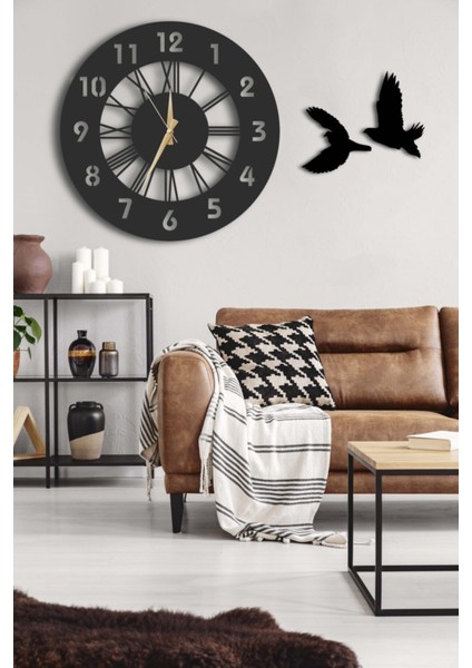 Modern Siyah Dekoratif Kuşlu Ahşap Duvar Saati ve Tablo Seti 48X48CM Yuvarlak Tasarım