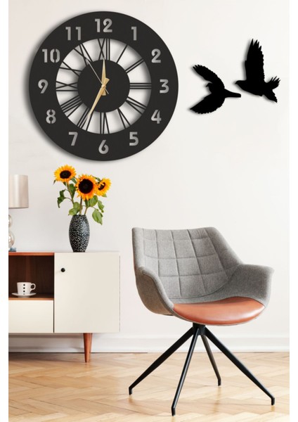 Modern Siyah Dekoratif Kuşlu Ahşap Duvar Saati ve Tablo Seti 48X48CM Yuvarlak Tasarım fiyatları