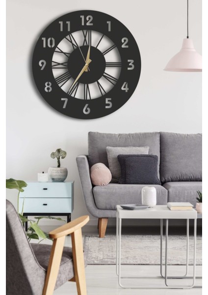 Modern Siyah Dekoratif Kuşlu Ahşap Duvar Saati ve Tablo Seti 48X48CM Yuvarlak Tasarım modelleri