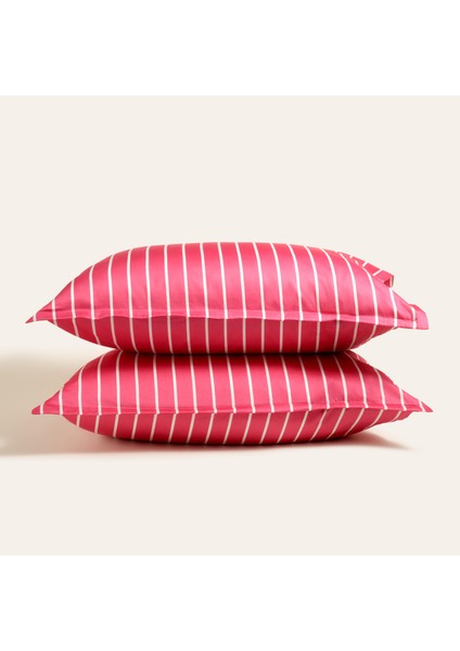 Solıd Geniş Çizgili 300 Tc Oxford 2'li Pamuk Saten Yastık Kılıfı 50X70+2 cm Fuşya