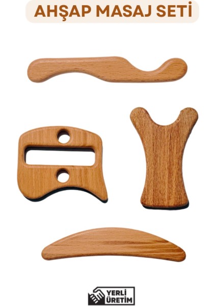 Doğal Ahşap Masaj Aleti Seti, 4'lü, Sağlıklı ve Etkili Terapötik Çözüm