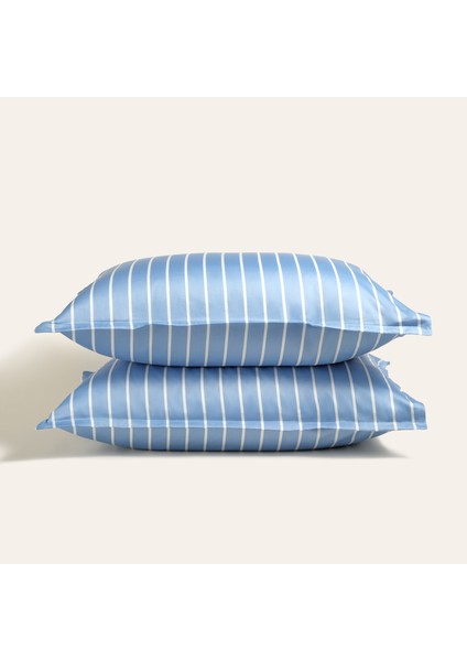 Solıd Geniş Çizgili 300 Tc Oxford 2'li Pamuk Saten Yastık Kılıfı 50X70+2 cm Mavi