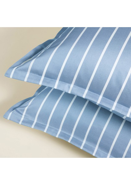 Solıd Geniş Çizgili 300 Tc Oxford 2'li Pamuk Saten Yastık Kılıfı 50X70+2 cm Mavi fırsatları