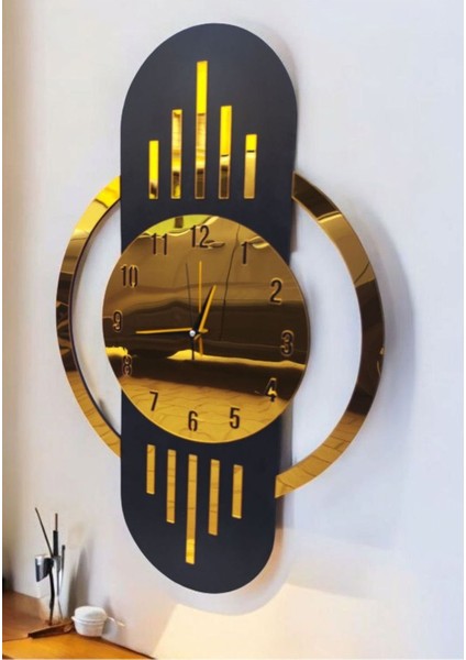 Siyah Renk Gold Altın Sayılı Hediyelik Ahşap Dekoratif Sessiz Büyük Boy Duvar Saati 70CM