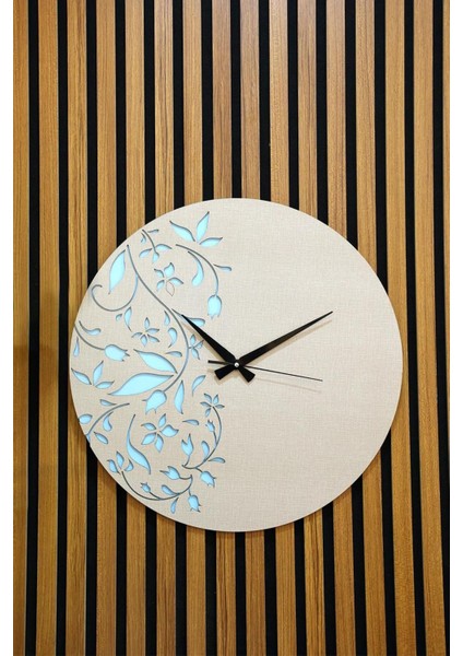 Erdizden Vizon Kaplamalı Mavi Işlemeli Yuvarlak Mdf Duvar Saati