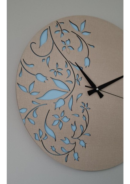 Erdizden Vizon Kaplamalı Mavi Işlemeli Yuvarlak Mdf Duvar Saati