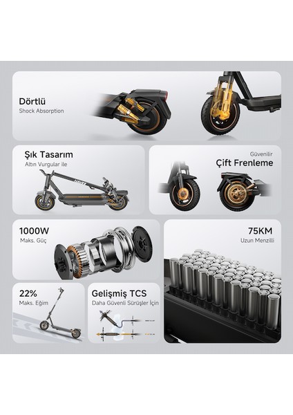 Gt3 Max Elektrikli Scooter 75 Km - 1000W Güç - %22 Eğim Perf. Dörtlü Süspansiyon 25 Km Hız Oto Far