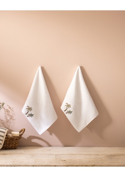 Palmy Nakışlı %100 Pamuk 2'li El Havlusu - Beyaz - 30X45 cm
