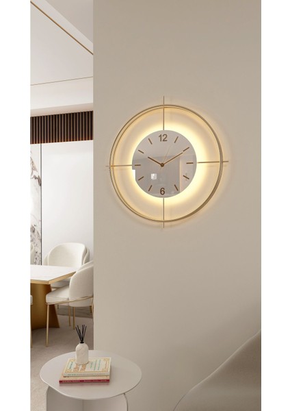 Büyük Boy (55*55 Cm) Gold Deluxe Ledli(Pilli) - Beyaz Göbek - Modern Dekoratif Metal Duvar Saati