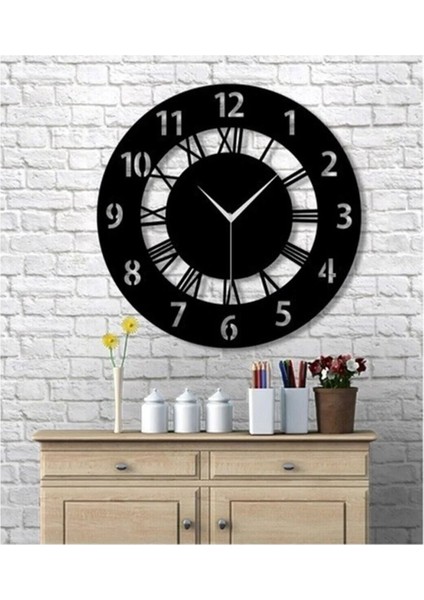Time Collection Latin ve Roma Rakamlı Ahşap Dekoratif Duvar Saati (Siyah)