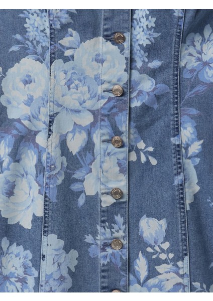 Kadın Mavi Denim Çiçekli Mini Elbise