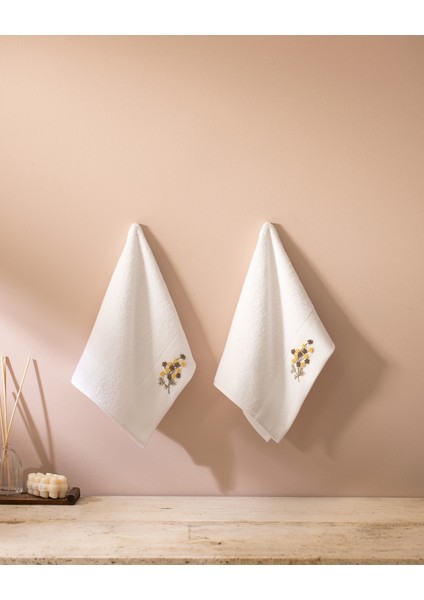 Felıcıty Nakışlı %100 Pamuk 2'li El Havlusu - Beyaz/haki - 30X45 cm