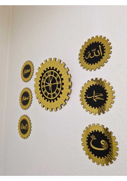 Gold Piyano 40 cm Duvar Saati ve Sabret, Şükret, Dua Et, Allah, Muhammed, Vav 7 Li 18X18 cm Tablo S