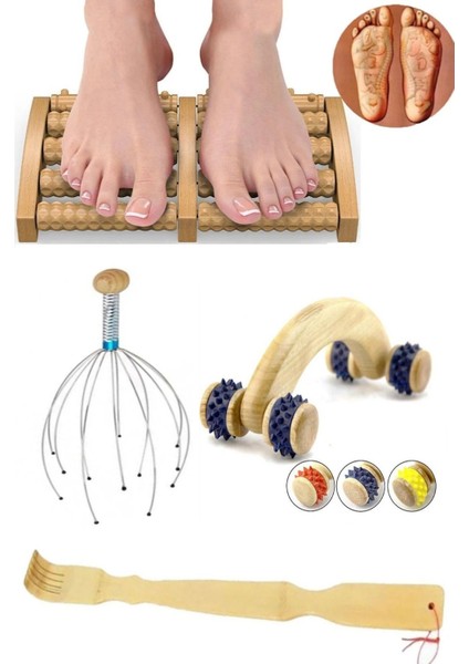 Ahşap Masaj Seti Boyun Sırt Ayak Kafa Masaj Aleti ve Ahsaşp Sırt Kaşıma Aleti 4'lü Set