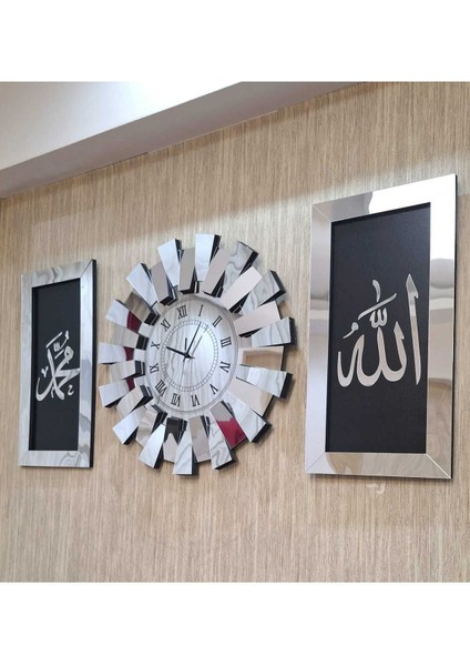 3 Lü Duvar Saati Piyano Model Allah Muhammed Lafzı Tablo Roma Rakam 3 Boyutlu Aynalı Pleksi Gümüş
