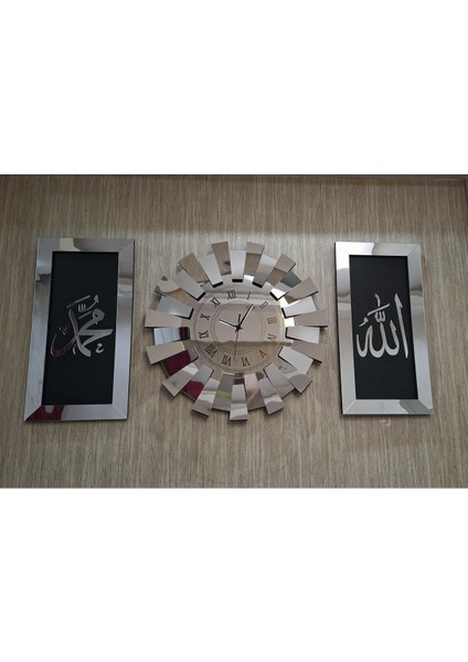 3 Lü Duvar Saati Piyano Model Allah Muhammed Lafzı Tablo Roma Rakam 3 Boyutlu Aynalı Pleksi Gümüş modelleri