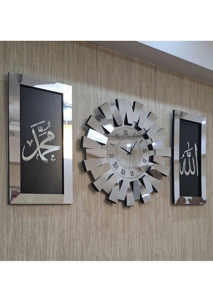 3 Lü Duvar Saati Piyano Model Allah Muhammed Lafzı Tablo Roma Rakam 3 Boyutlu Aynalı Pleksi Gümüş