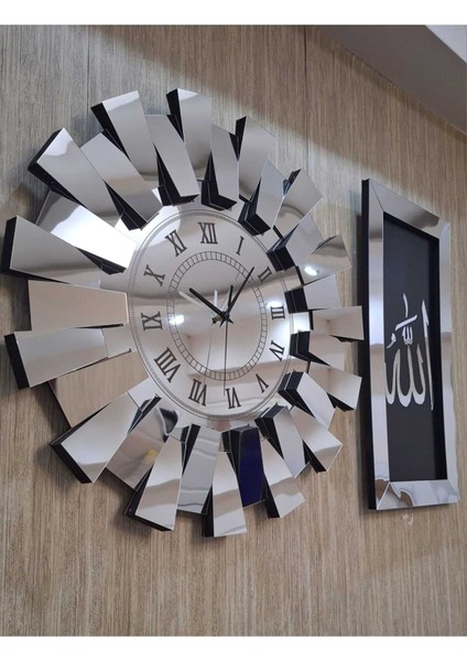 3 Lü Duvar Saati Piyano Model Allah Muhammed Lafzı Tablo Roma Rakam 3 Boyutlu Aynalı Pleksi Gümüş