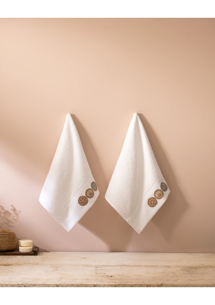 Tercet Nakışlı %100 Pamuk 2'li El Havlusu - Beyaz - 30X45 cm