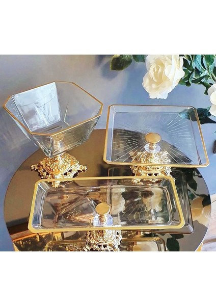 3 Parça Gold Pasta Sunumluk Kurabiyelik Servis Seti