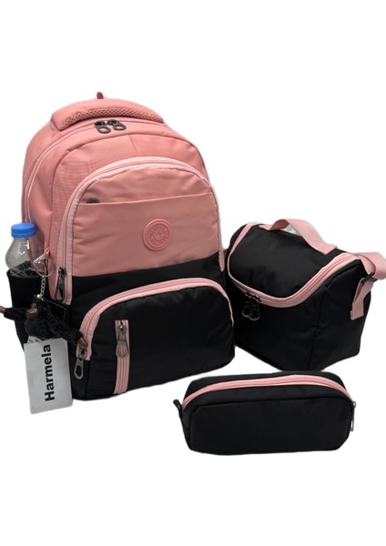 Ilk Okul Çantası 3'lü Seti Unisex Çocuk Ilkokul Çantası HRM-8010 Pudra-Siyah