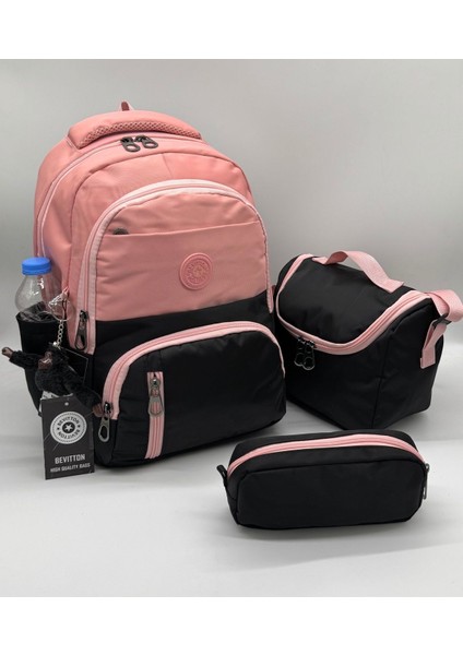 Ilk Okul Çantası 3'lü Seti Unisex Çocuk Ilkokul Çantası HRM-8010 Pudra-Siyah indirimleri