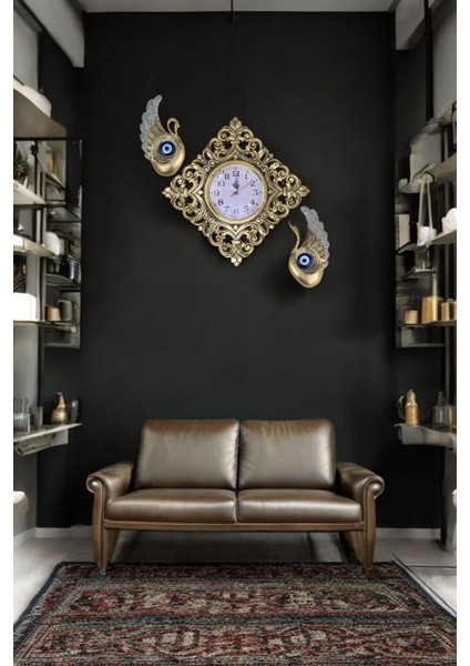 Dekoratif Polyester Duvar Saati ve Nazar Boncuklu 2 Kuğu