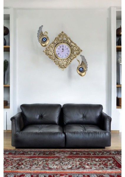 Dekoratif Polyester Duvar Saati ve Nazar Boncuklu 2 Kuğu modelleri