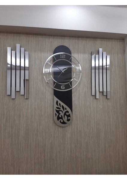 Gümüş Damla Model 3 Lü Duvar Saati Set Lambiri Yan Dekor Türk Rakam Aynalı Pleksi fırsatları