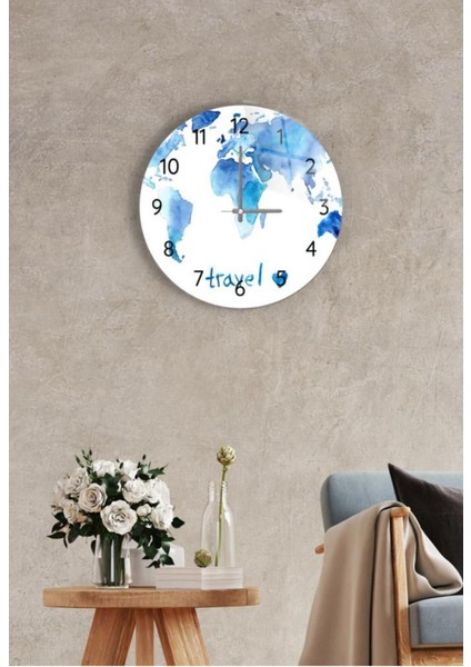 Çap 27 cm Blue Travel Dekoratif Cam Duvar Saati