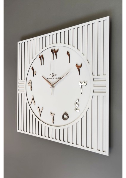 Kare Çizgi Desenli Arapça Rakam Dekoratif Beyaz & Gümüş Duvar Saati 50X50CM