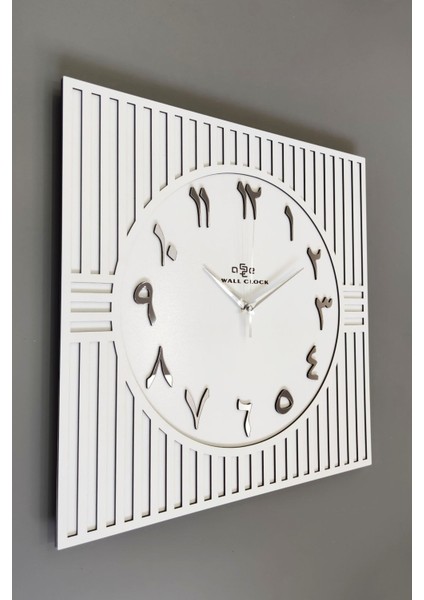 Kare Çizgi Desenli Arapça Rakam Dekoratif Beyaz & Gümüş Duvar Saati 50X50CM fiyatları