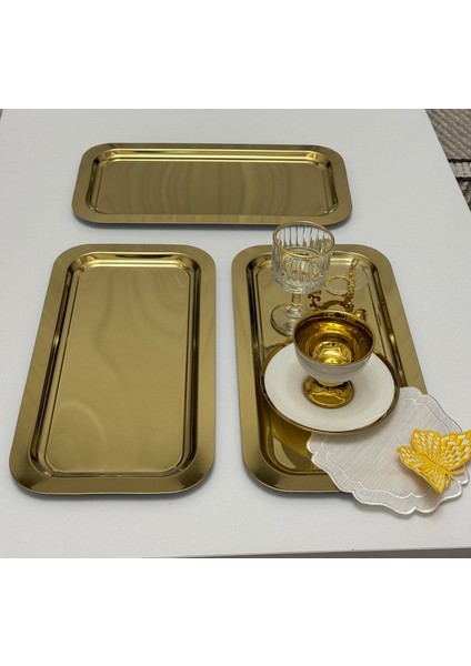 3 Adet Gold Renk Büyük Dikdörtgen Model Çelik Servis ve Sunum Tepsisi 17*33 cm