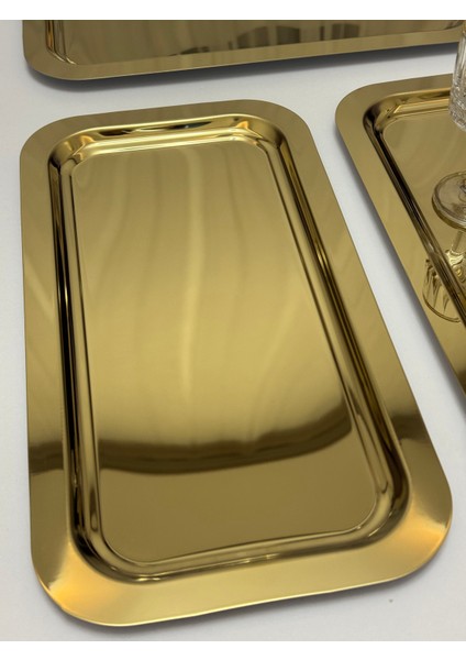 3 Adet Gold Renk Büyük Dikdörtgen Model Çelik Servis ve Sunum Tepsisi 17*33 cm
