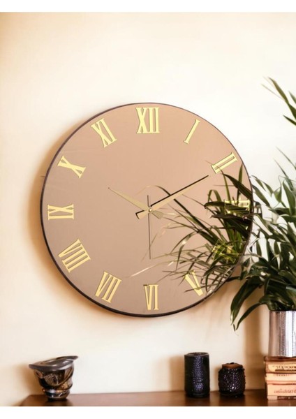 Premium Serisi Aynalı 50 cm Sessiz Akar Roma Rakamlı Duvar Saati Bronz