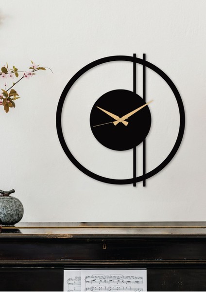 Double Line Metal Siyah Duvar Saati - Ev / Ofis Saati - Hediye Saat - 100 x 97 cm