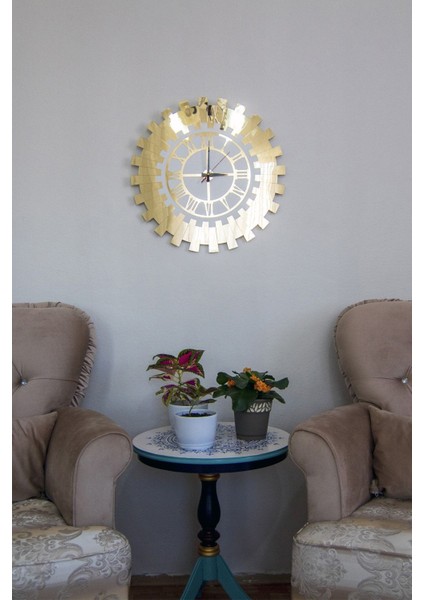 Çok Büyük Dekoratif Duvar Saati Klasik Roma Rakamlı Çift Kat Beyaz Mdf Üzeri Gold Aynalı 60X60 cm